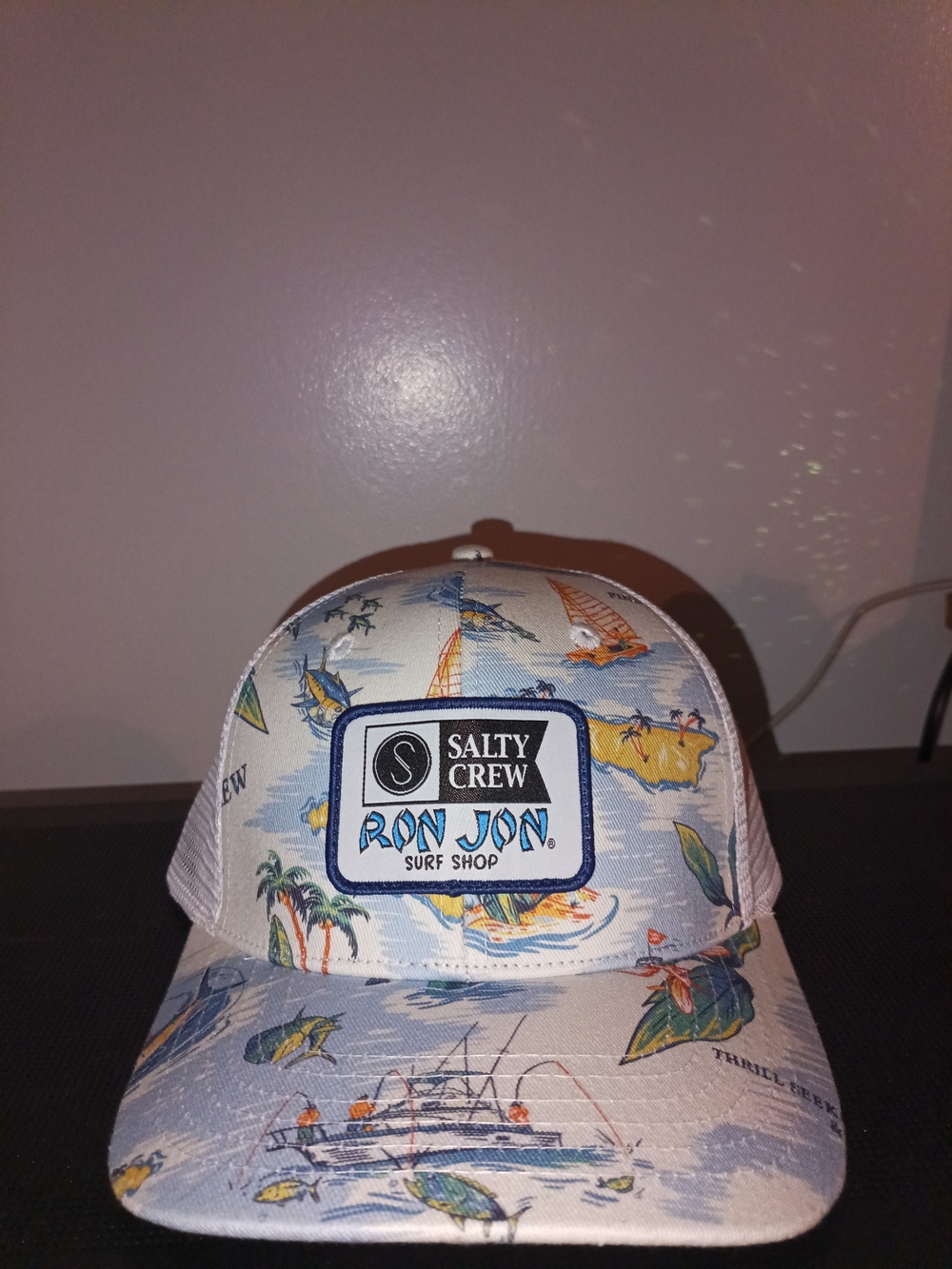 Salty Crew Ron Jon Surf Shop White Blue Beach Print Trucker Hat
